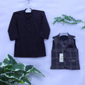 Miniature Nawab: Black Kurta & Plaid Waistcoat Set MODST Online Store