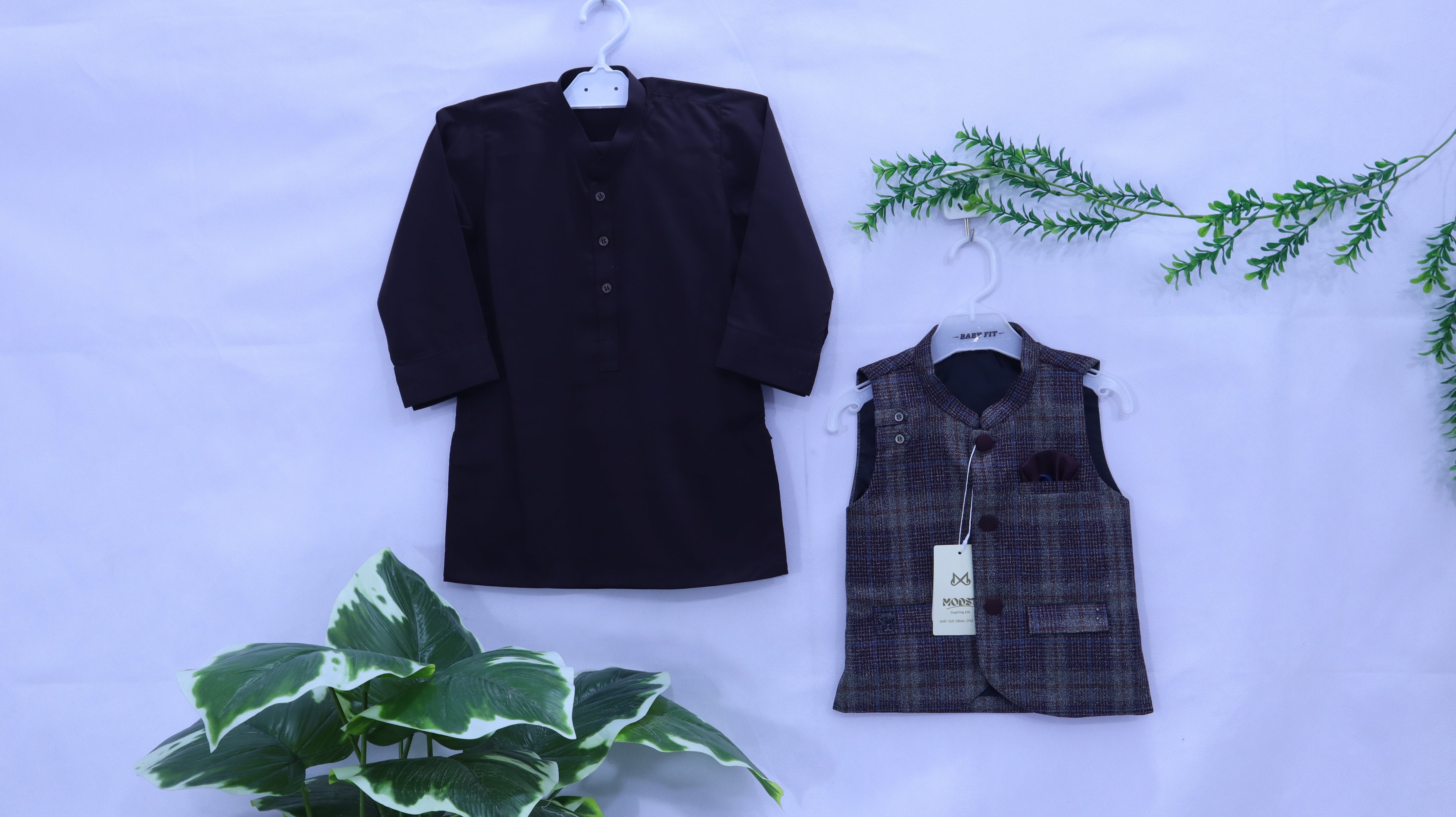Miniature Nawab: Black Kurta & Plaid Waistcoat Set MODST Online Store