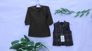 Miniature Nawab: Green Kurta & Plaid Waistcoat Set MODST Online Store